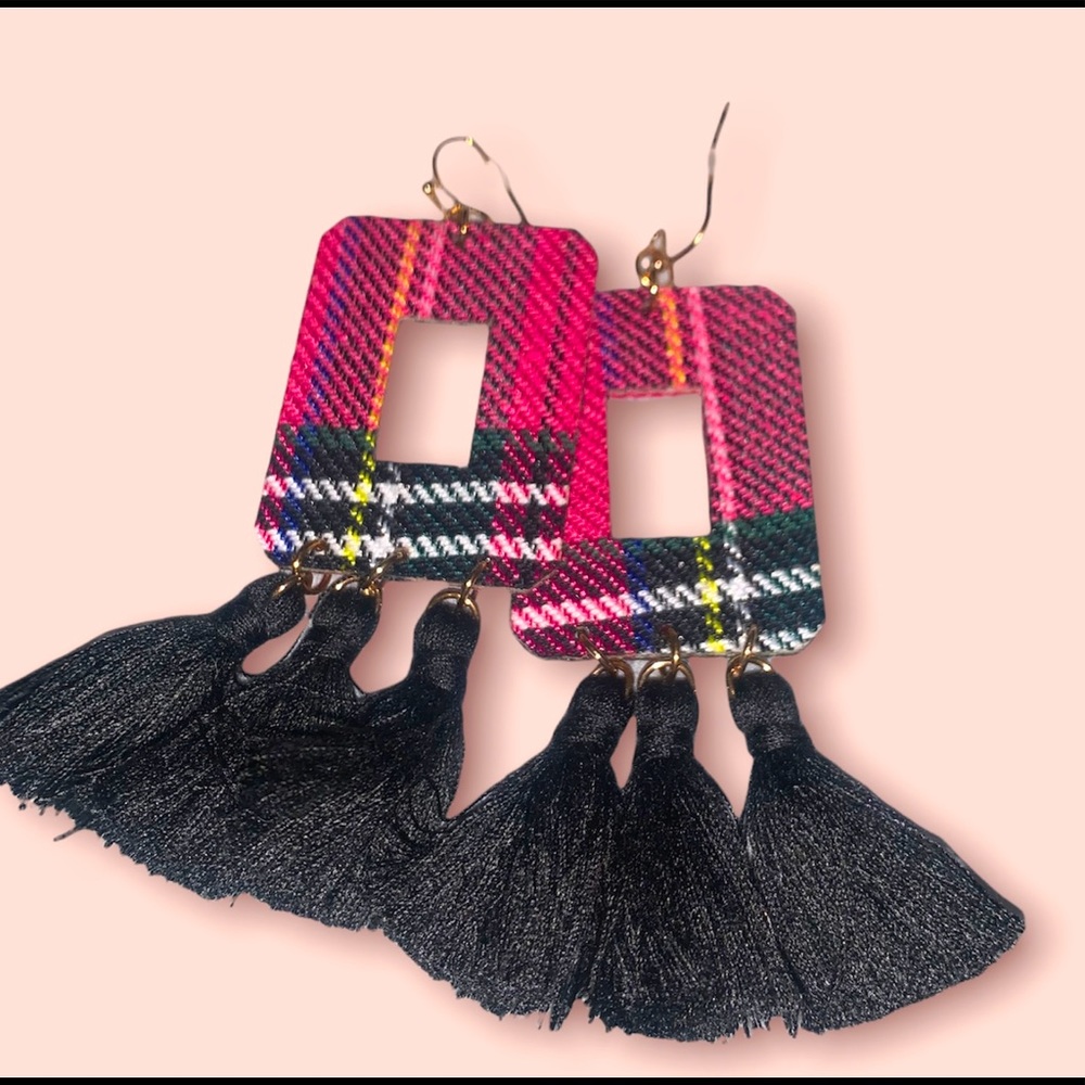 Pink & Black Earrings with Black Tassels